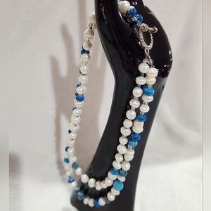 Fresh Water Pearls & Blue Turquoise Like Natural Stone Two-Strands Necklace